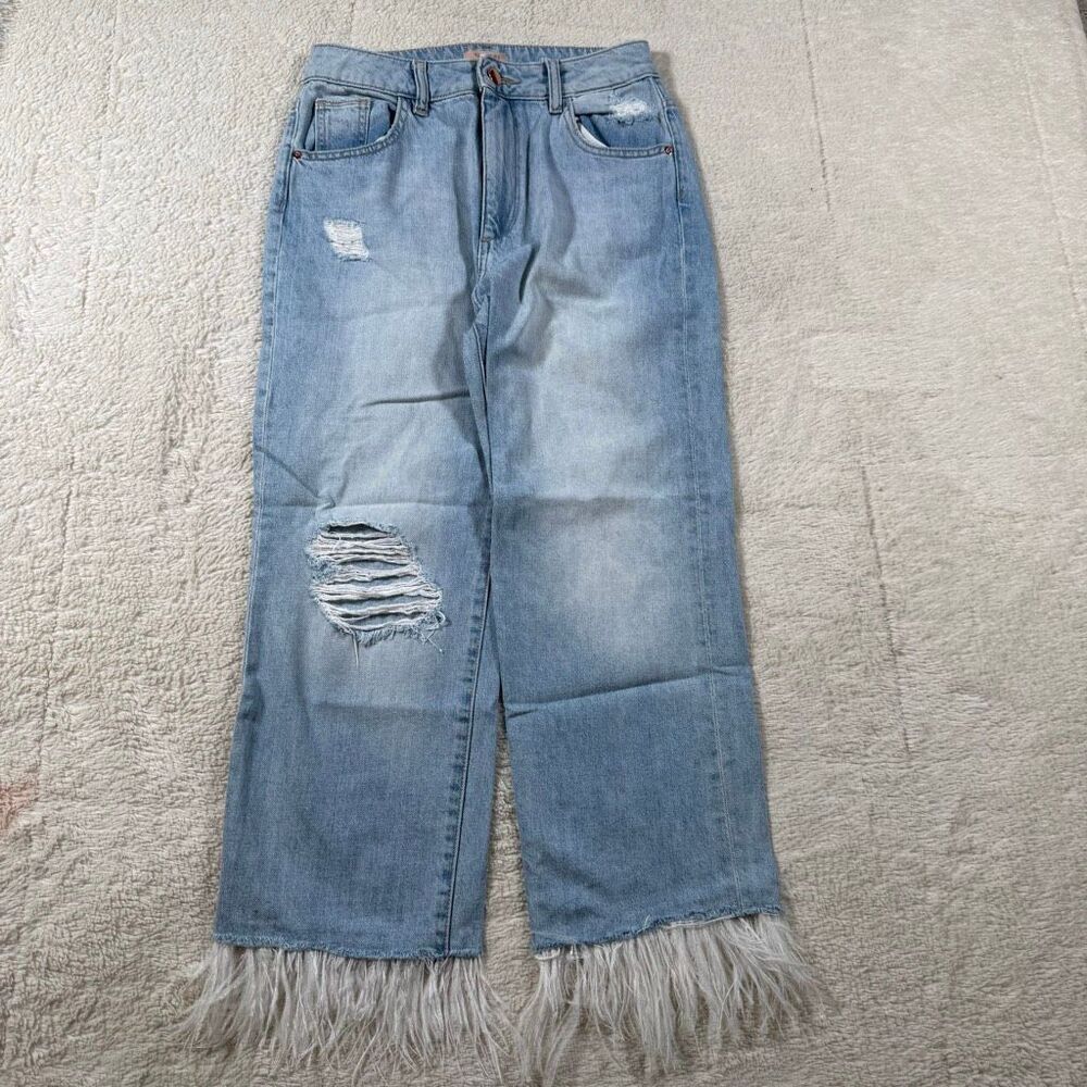 DL61 Jerry High Rise Vintage Straight Leg Feather Fringe Distressed Jeans